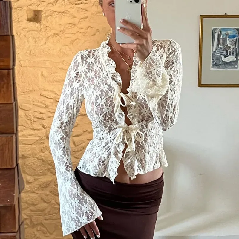 Lace Sheer Floral Flare Graceful Long Sleeve Front Tie Top