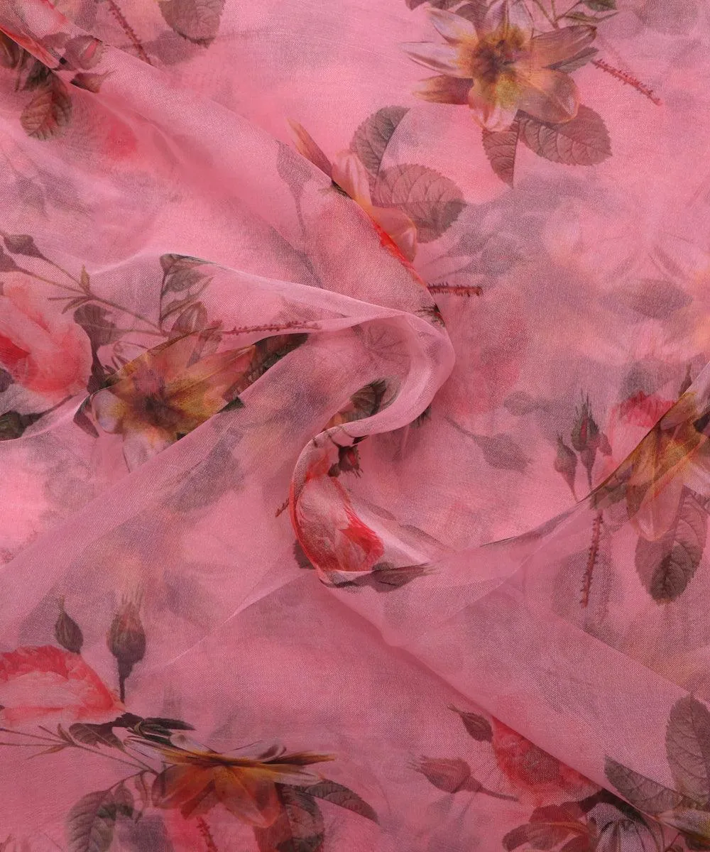 Light Pink  Colour Flower Digital Print Organza Fabric