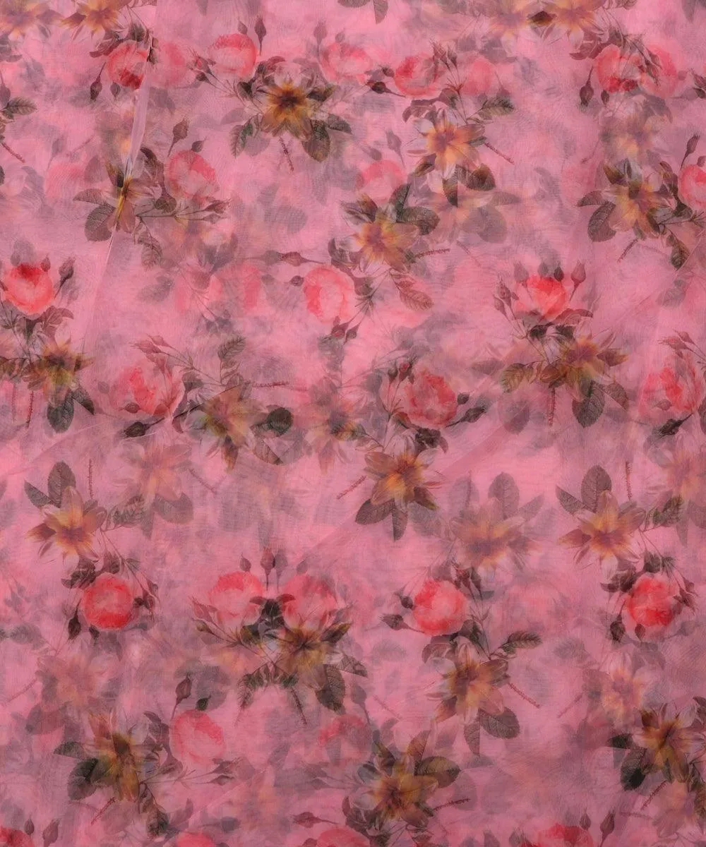 Light Pink  Colour Flower Digital Print Organza Fabric