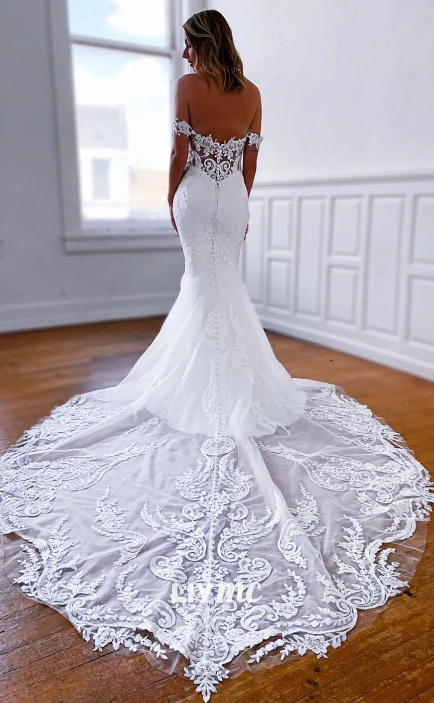LW057 - Mermaid/Trumpet Off Shoulder Appliqued Lace Satin Long Wedding Dress