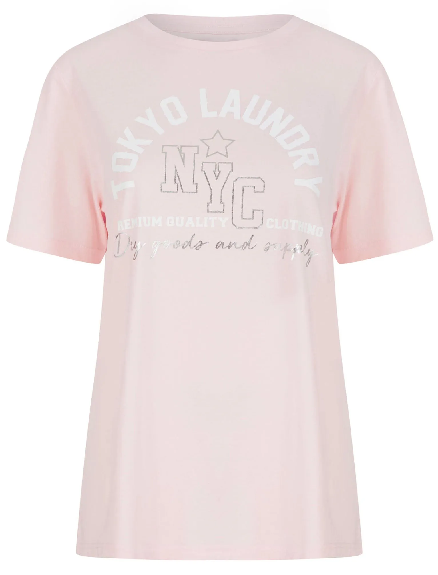 Madelyn Silver Foil Motif Cotton Jersey T-Shirt in Pink Blossom - Tokyo Laundry