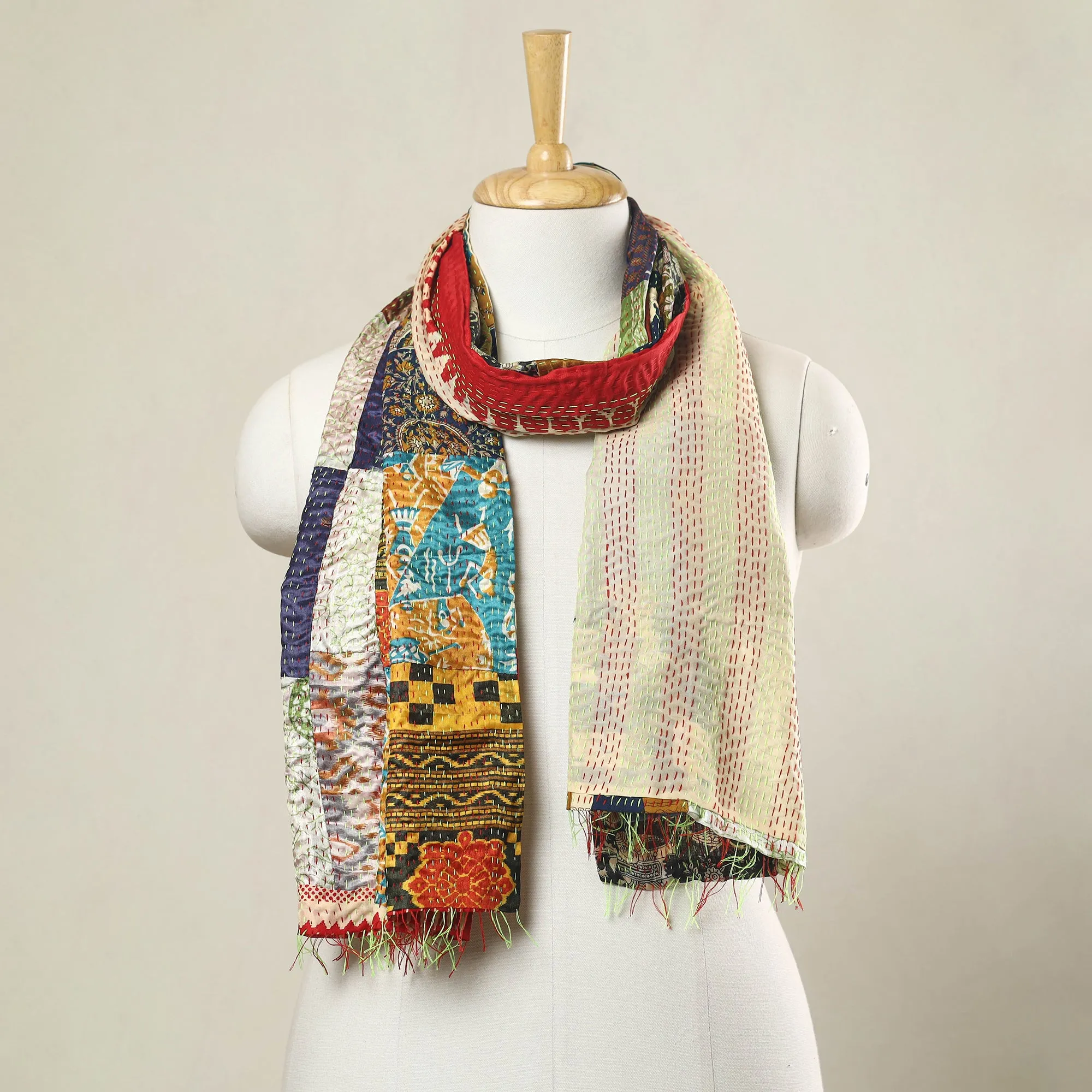 Multicolor - Bengal Kantha Embroidery Patchwork Reversible Silk Stole 06