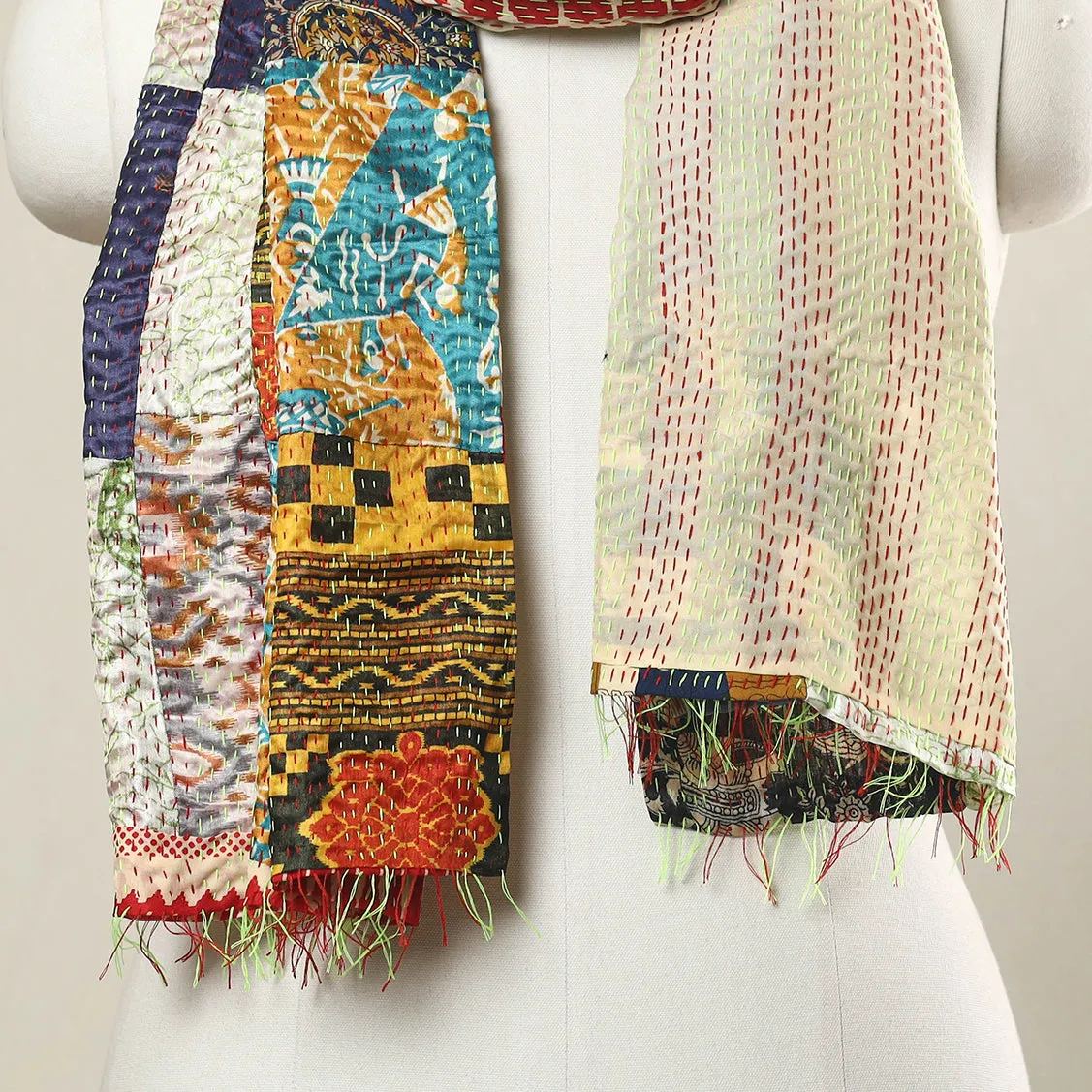 Multicolor - Bengal Kantha Embroidery Patchwork Reversible Silk Stole 06