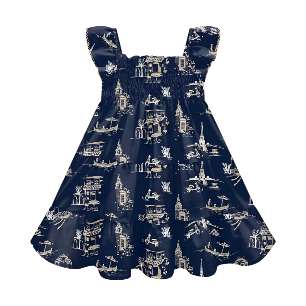 Navy Blue Paris Print Dress
