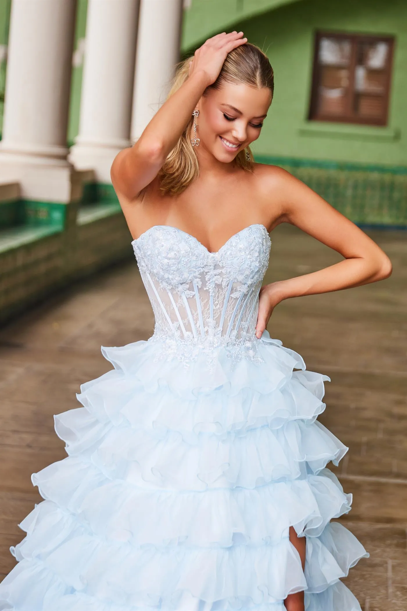 Nox Anabel R1688 Size 2, 14 Light Blue Lace Corset Ruffle A Line Prom Dress Maxi Slit Layered ballgown Formal Strapless