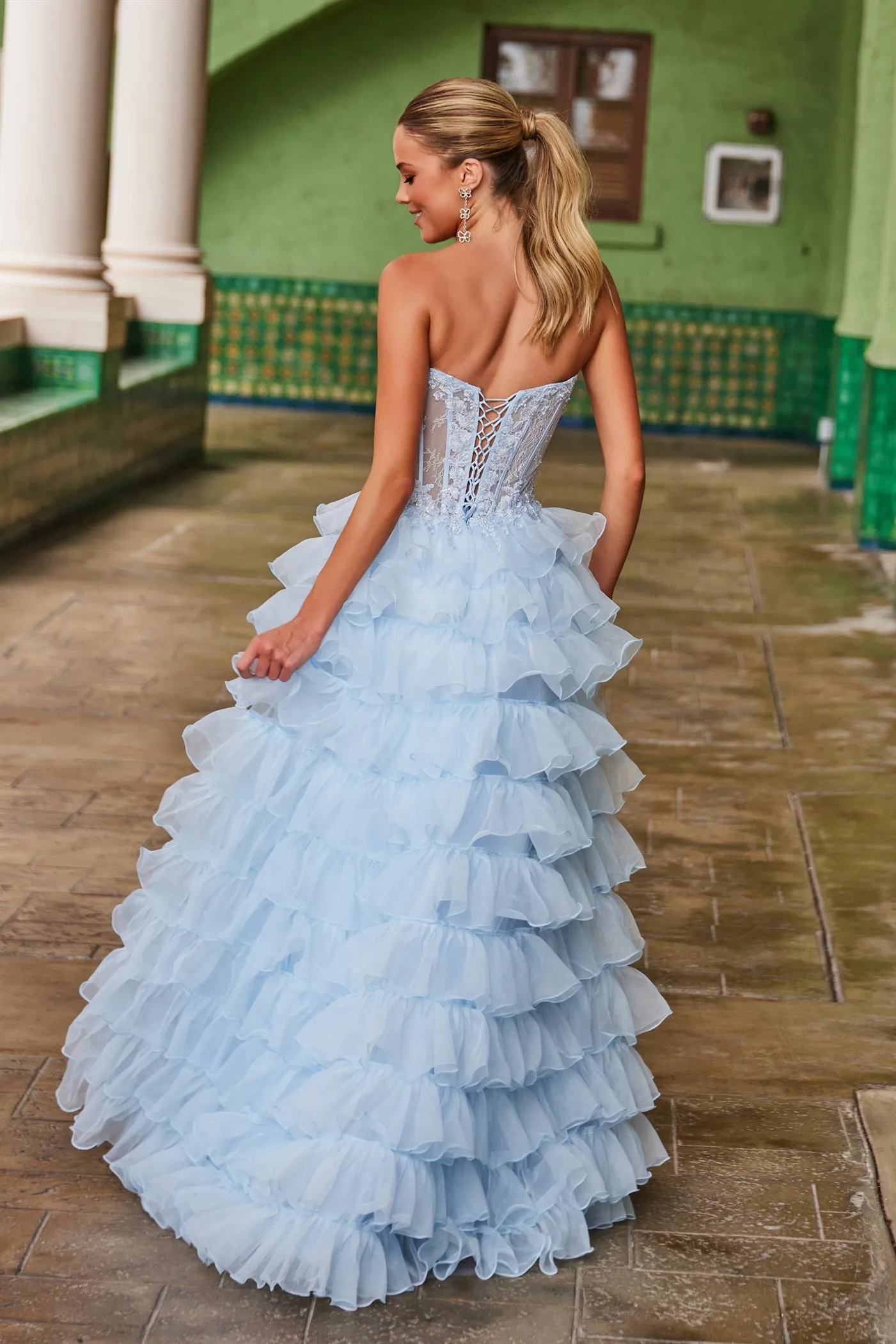 Nox Anabel R1688 Size 2, 14 Light Blue Lace Corset Ruffle A Line Prom Dress Maxi Slit Layered ballgown Formal Strapless