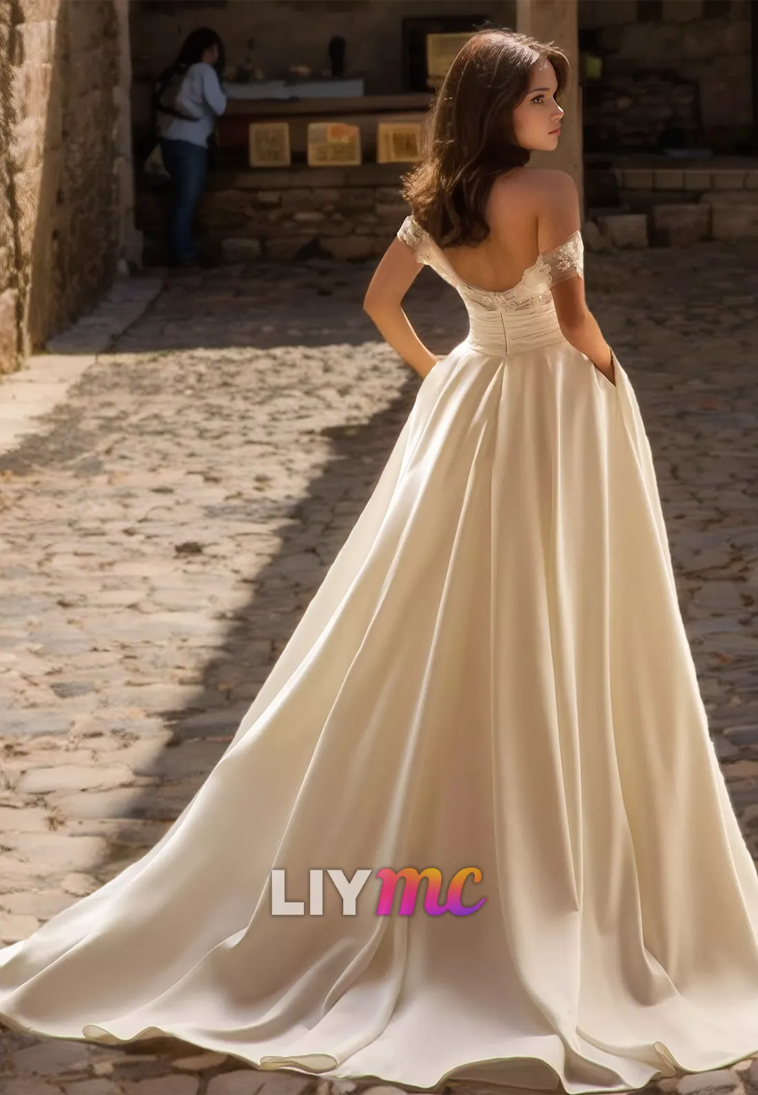 Off-Shoulder Appliques Strapless Sleek Pleated Satin A-Line Wedding Dress