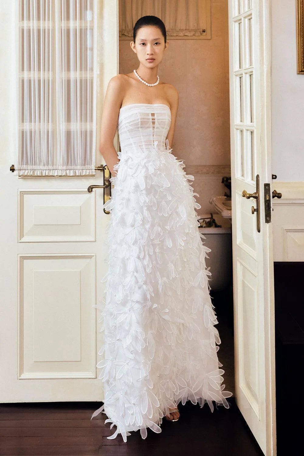 Patsy Strapless Flower Applique Organza Floor Length Dress