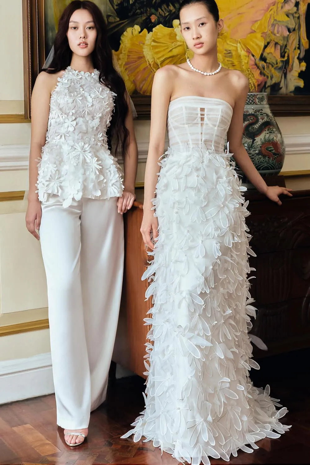 Patsy Strapless Flower Applique Organza Floor Length Dress
