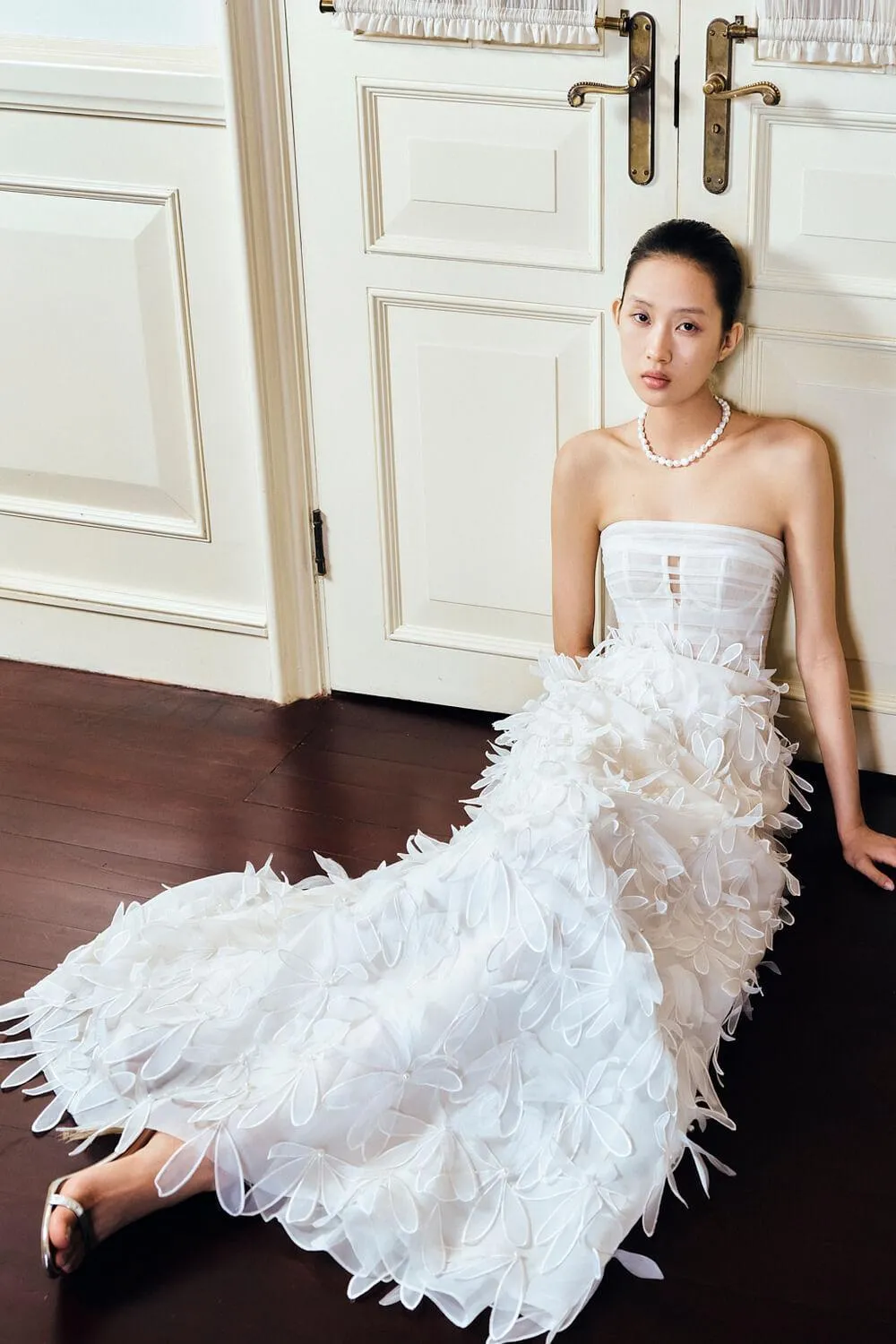 Patsy Strapless Flower Applique Organza Floor Length Dress
