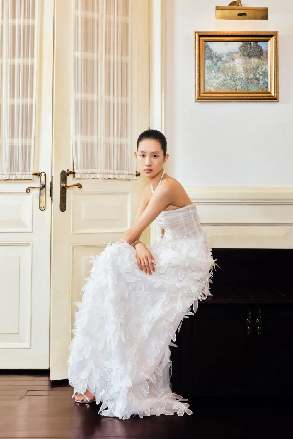 Patsy Strapless Flower Applique Organza Floor Length Dress