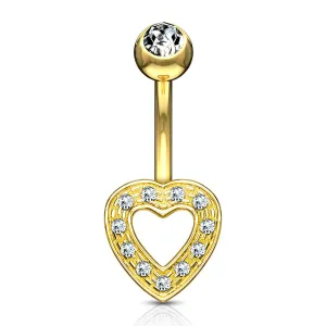 Paved Heart Navel Bar in 14K Yellow Gold