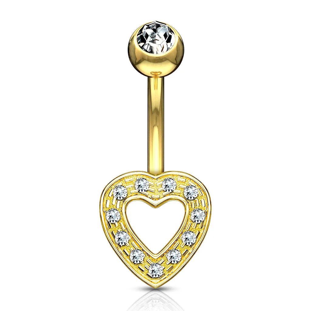 Paved Heart Navel Bar in 14K Yellow Gold
