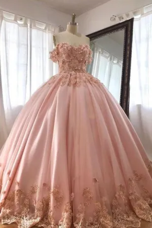 Pink Off The Shoulder Appliques Lace-up Back Ball Gown