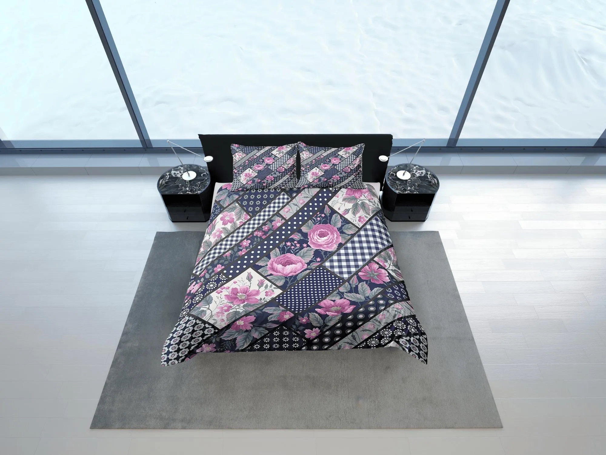 Polkadot pink floral patchwork quilt printed duvet cover set, aesthetic decor bedding set full, king, queen size, boho bedspread shabby chic