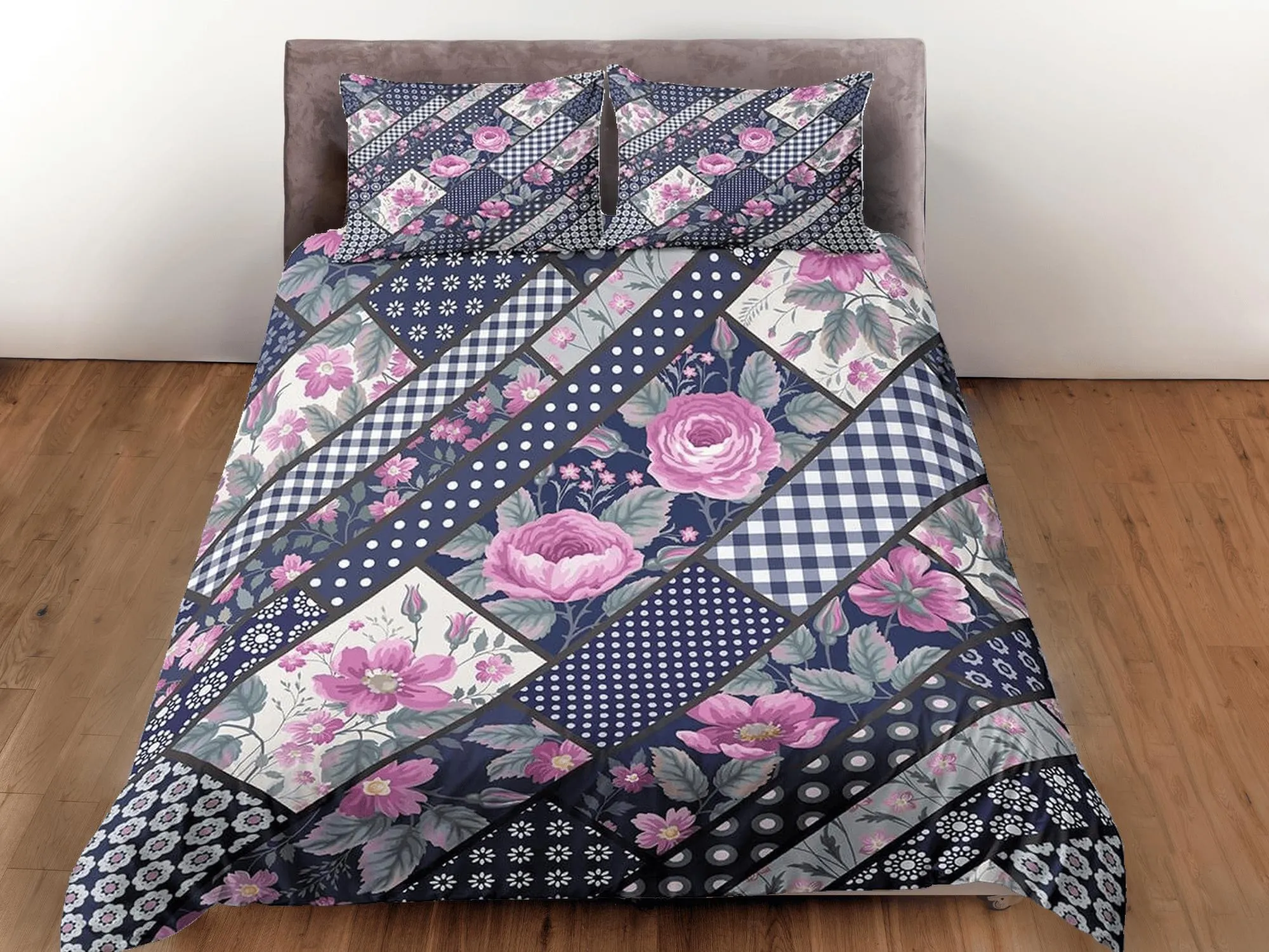 Polkadot pink floral patchwork quilt printed duvet cover set, aesthetic decor bedding set full, king, queen size, boho bedspread shabby chic