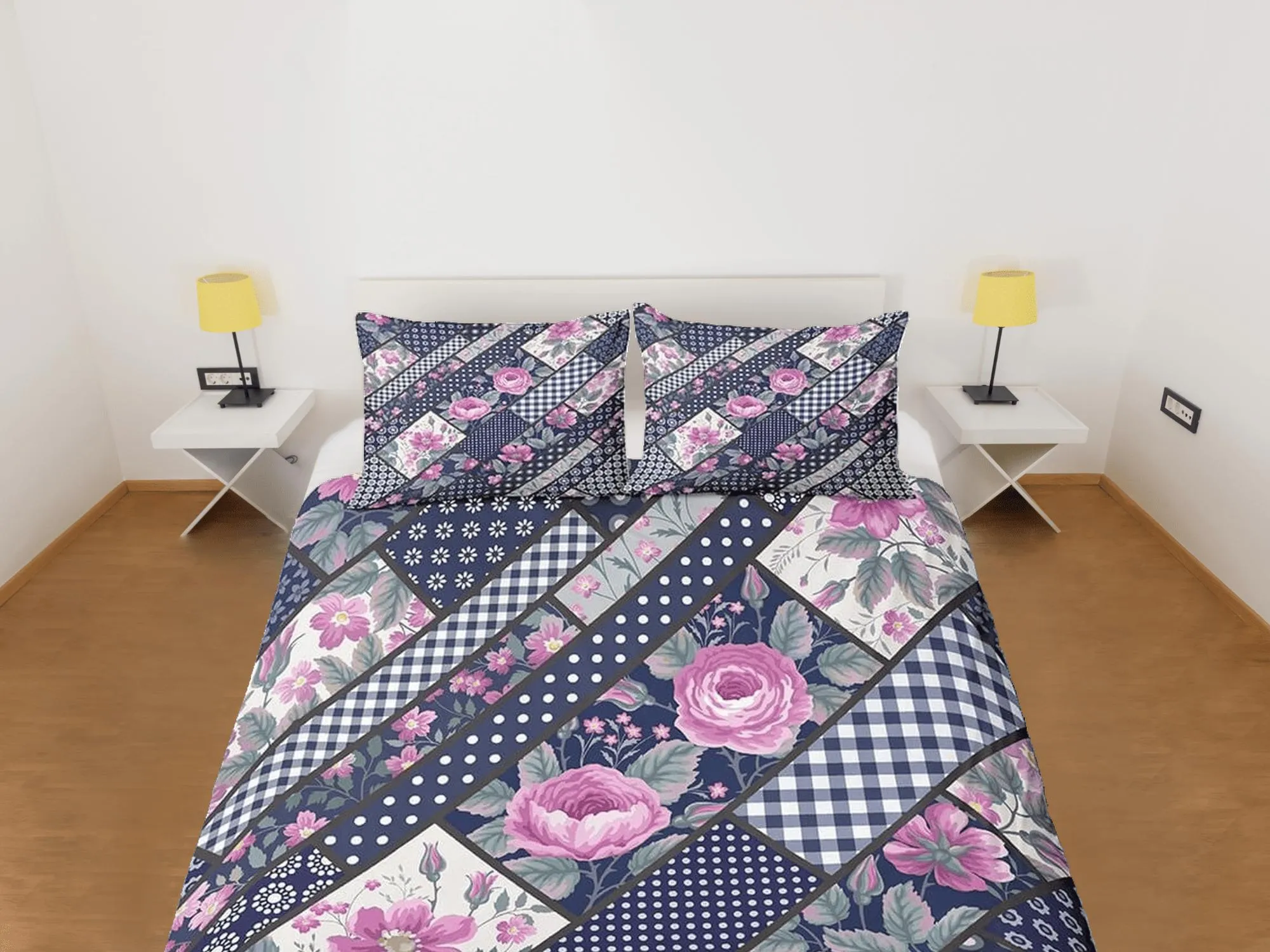 Polkadot pink floral patchwork quilt printed duvet cover set, aesthetic decor bedding set full, king, queen size, boho bedspread shabby chic