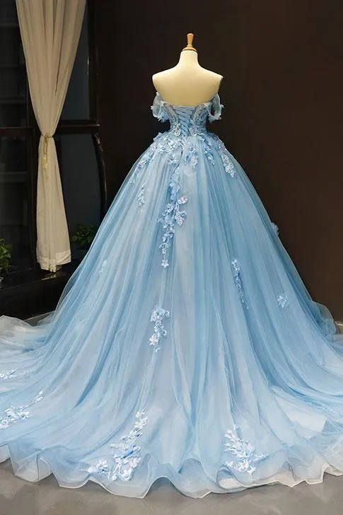 Romantic Blue Off the Shoulder Tulle Lace Appliques Ball Gown for Prom 20081621