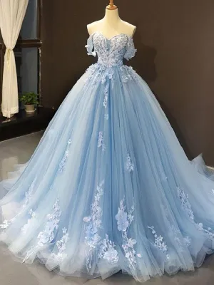 Romantic Blue Off the Shoulder Tulle Lace Appliques Ball Gown for Prom 20081621