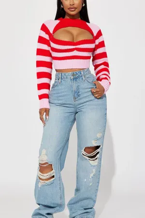 Round Neck Pink Stripe Cutout Crop Sweater