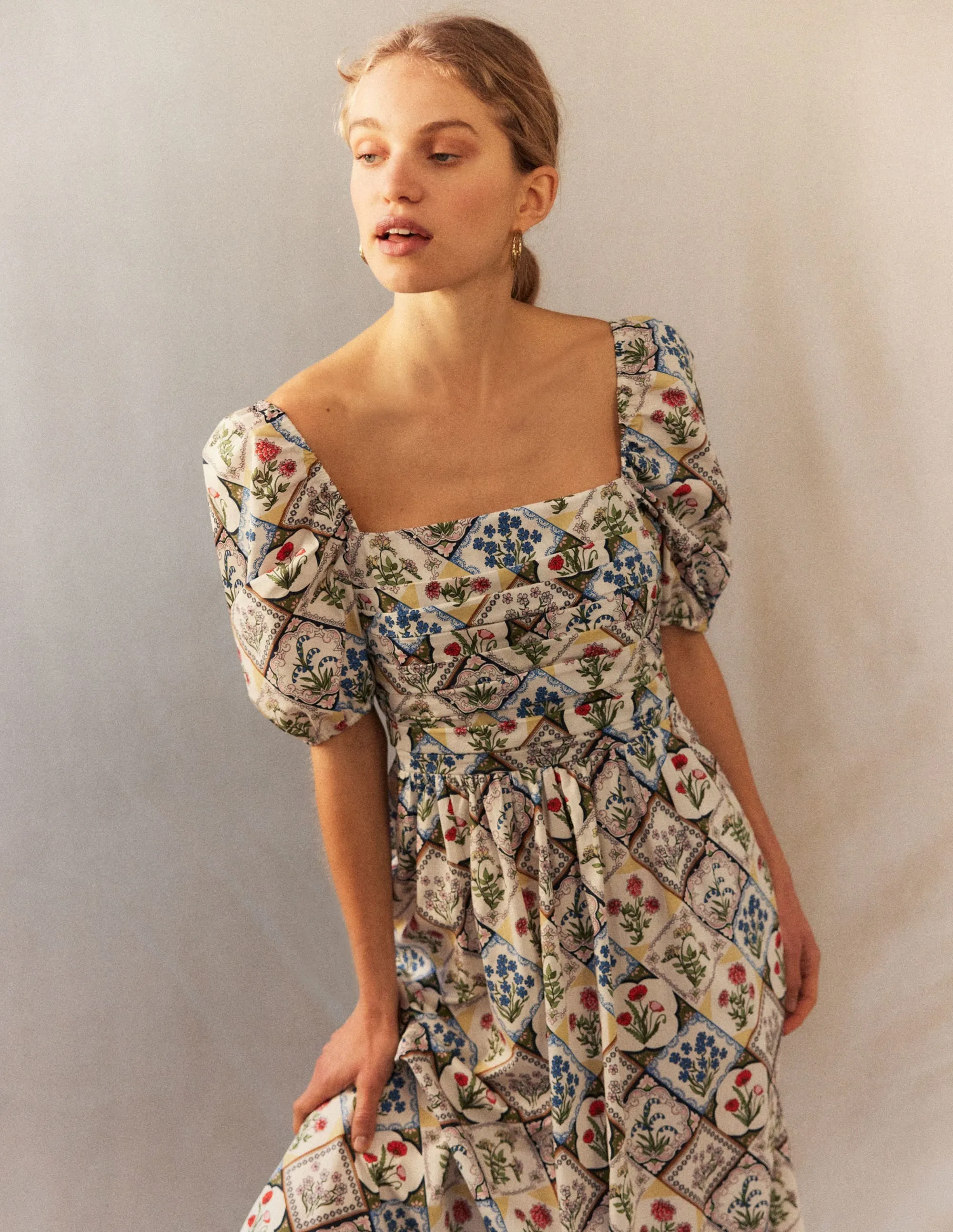 Ruched Bodice Midi Dress-Ivory, Wild Bluebell