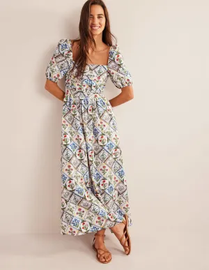 Ruched Bodice Midi Dress-Ivory, Wild Bluebell