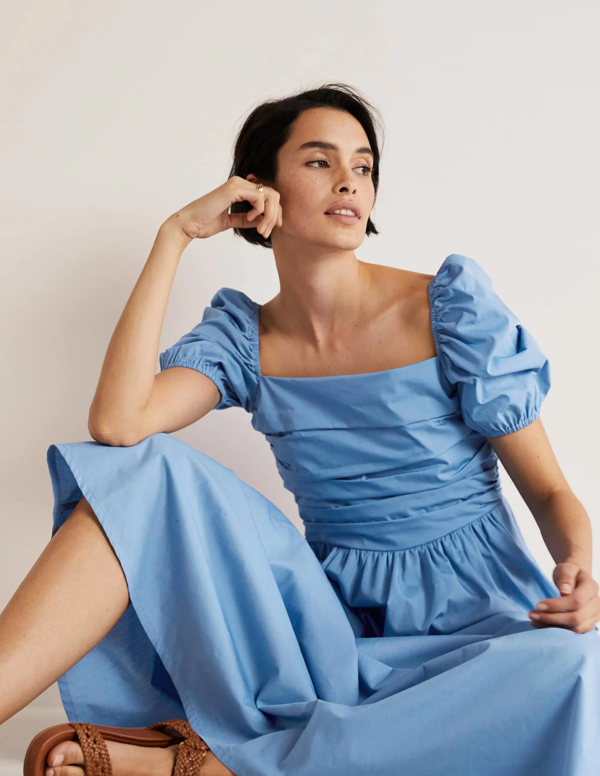 Ruched Bodice Midi Dress-Riviera Blue