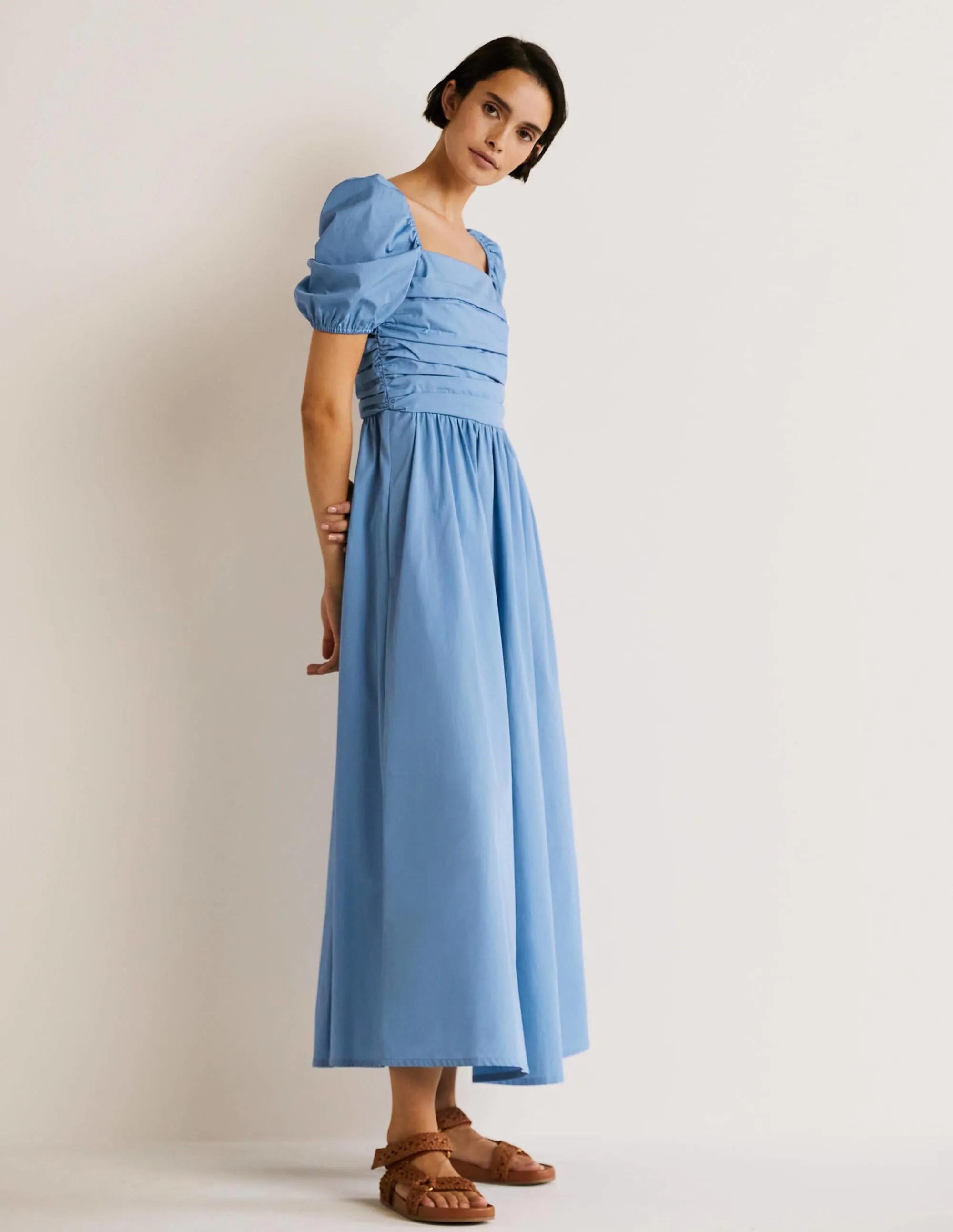 Ruched Bodice Midi Dress-Riviera Blue