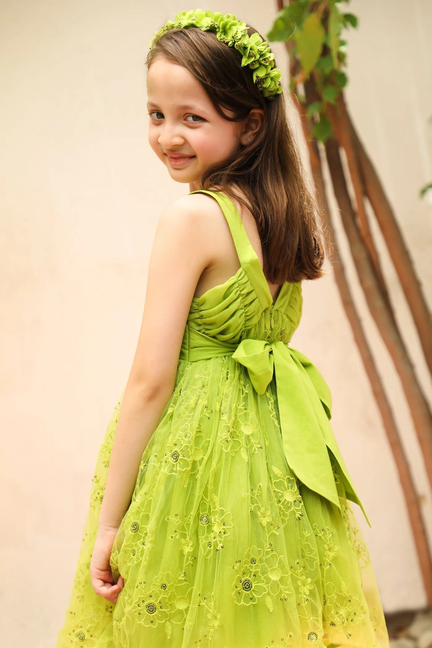Sally Cotton Lining Sparkle Net Girls Dress - Lime Green