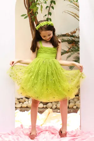 Sally Cotton Lining Sparkle Net Girls Dress - Lime Green