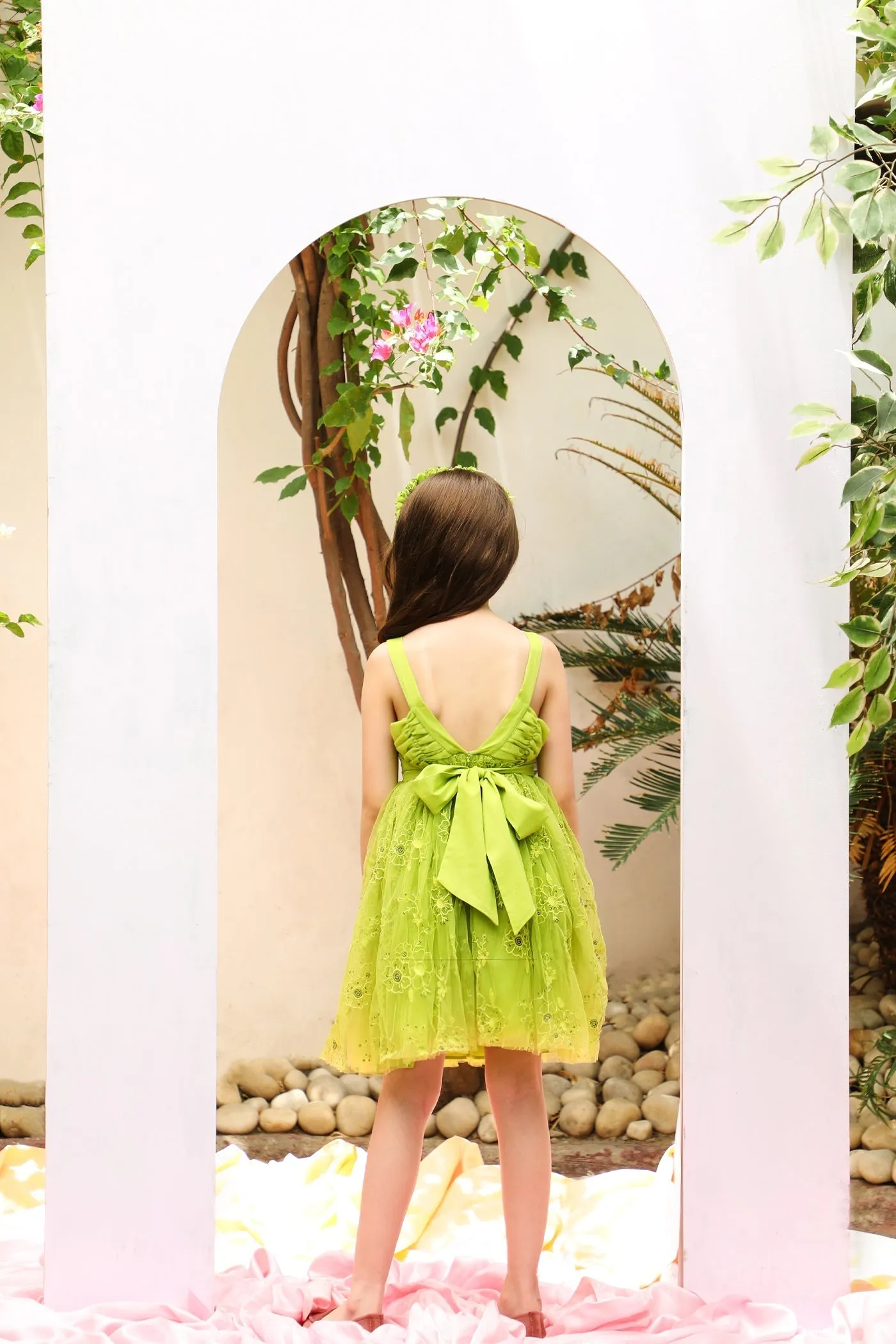 Sally Cotton Lining Sparkle Net Girls Dress - Lime Green