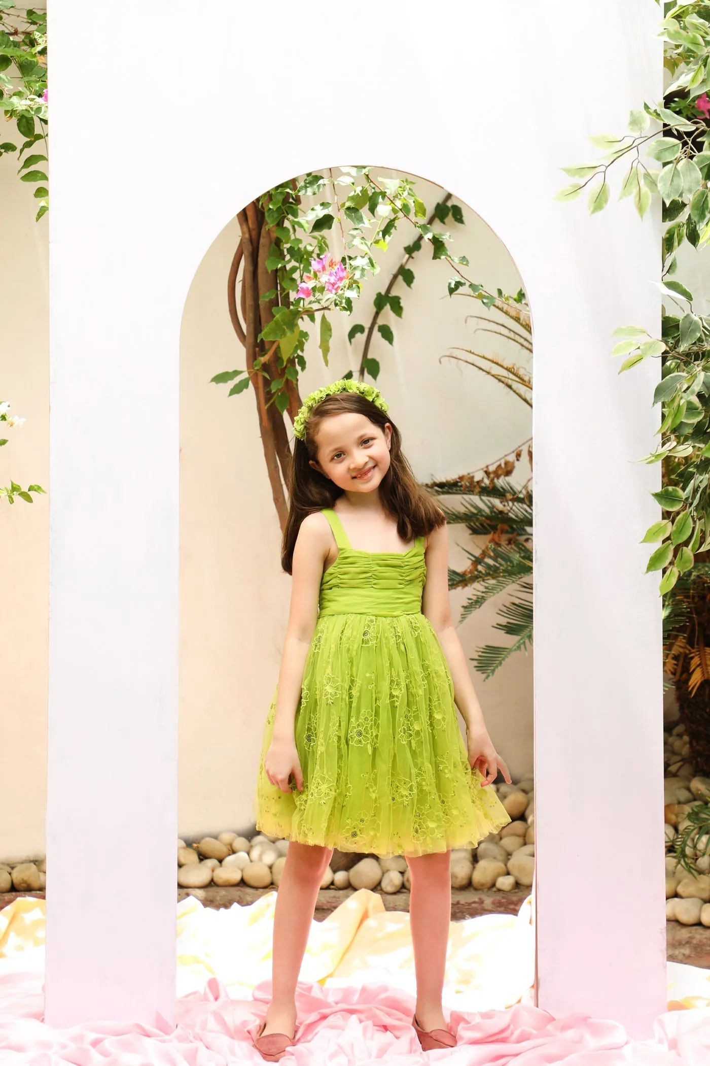 Sally Cotton Lining Sparkle Net Girls Dress - Lime Green