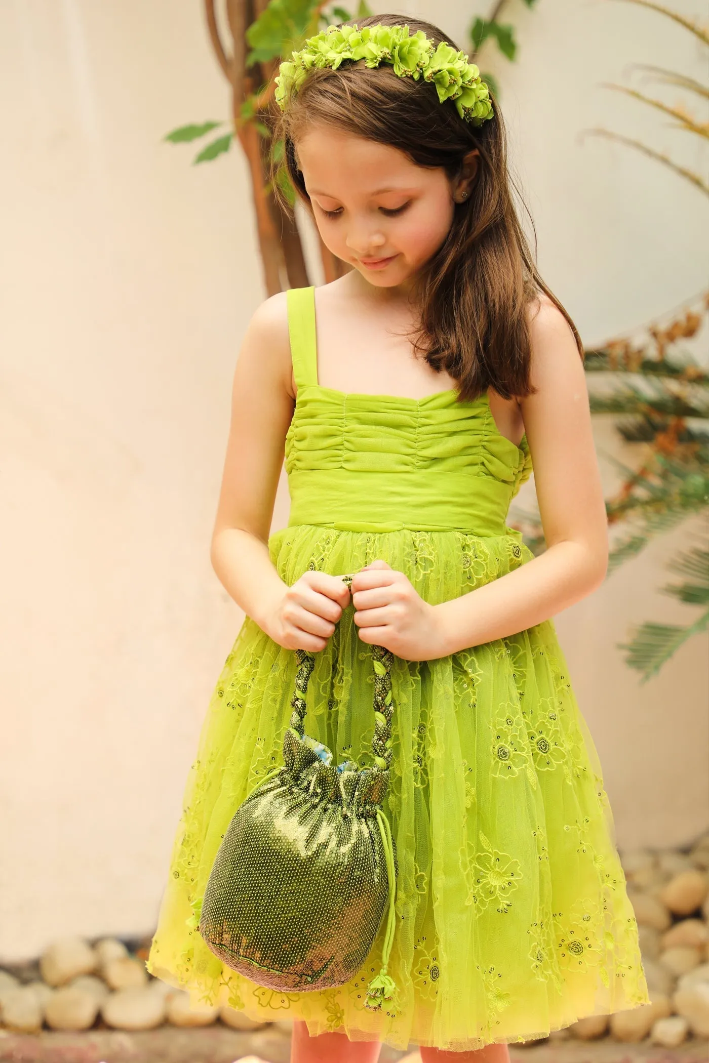 Sally Cotton Lining Sparkle Net Girls Dress - Lime Green