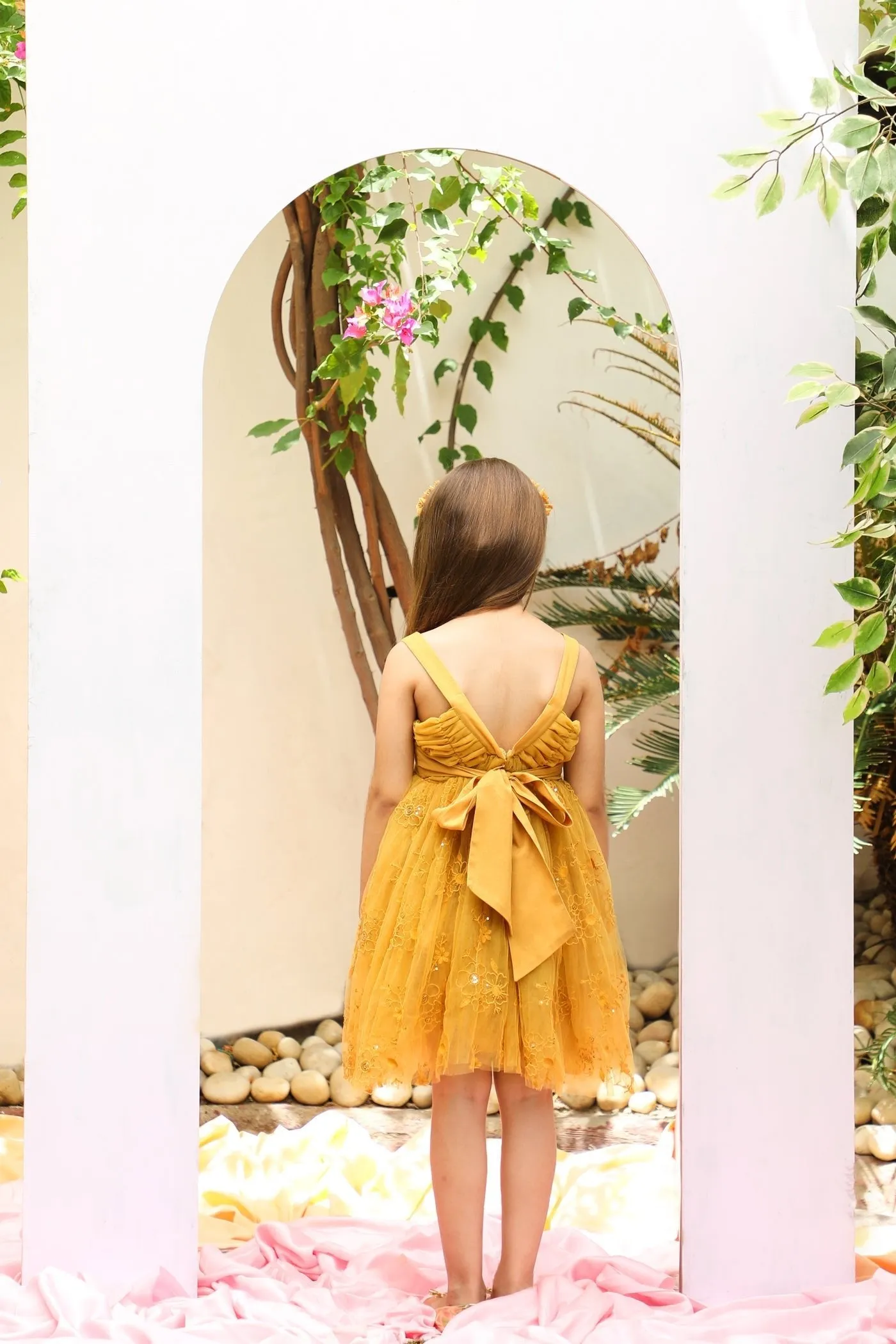 Sally Cotton Lining Sparkle Net Girls Dress - Mustard Yellow
