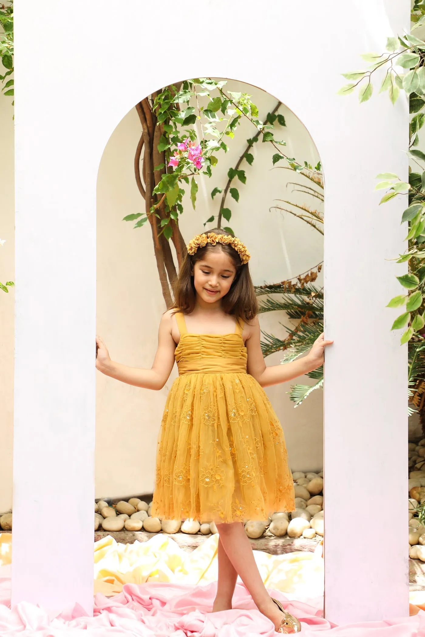 Sally Cotton Lining Sparkle Net Girls Dress - Mustard Yellow
