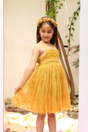 Sally Cotton Lining Sparkle Net Girls Dress - Mustard Yellow