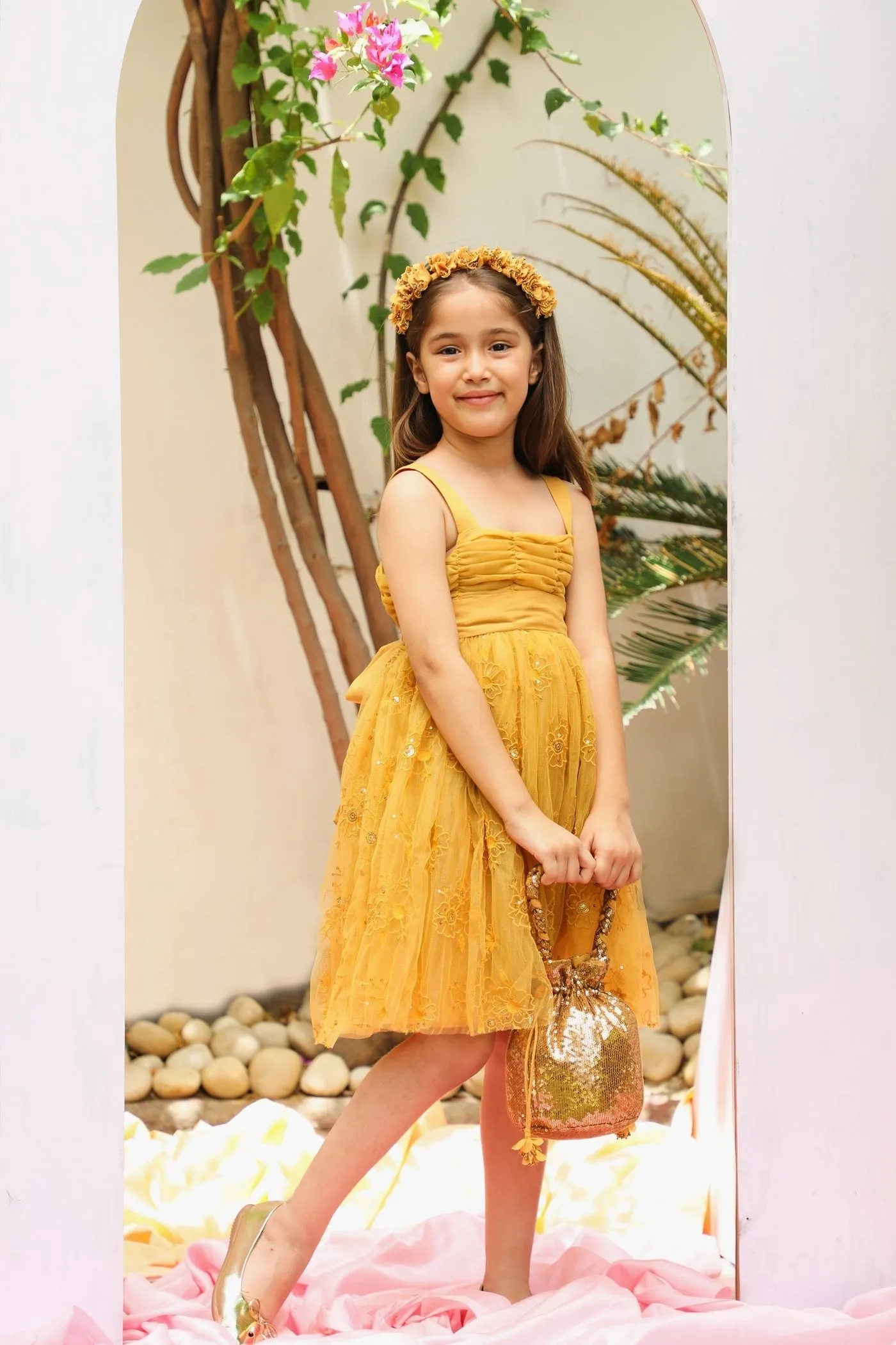 Sally Cotton Lining Sparkle Net Girls Dress - Mustard Yellow
