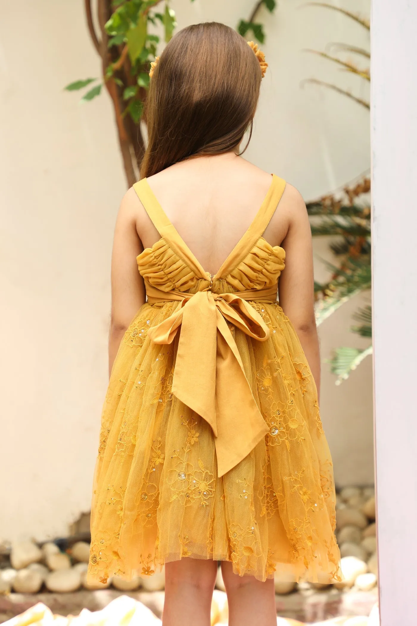 Sally Cotton Lining Sparkle Net Girls Dress - Mustard Yellow