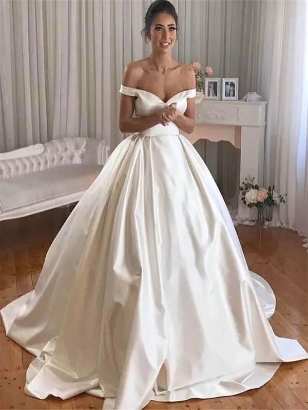 Simple Princess Ivory Ball Gown Sweetheart Satin Off the Shoulder Wedding Dresses WK193