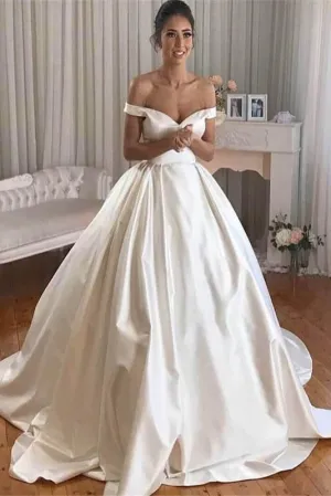 Simple Princess Ivory Ball Gown Sweetheart Satin Off the Shoulder Wedding Dresses WK193