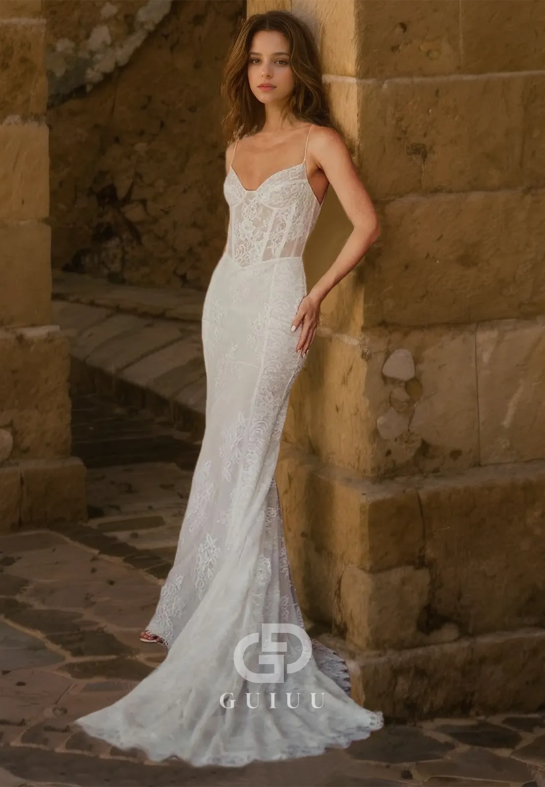 Spaghetti Straps Alover Lace Romantic Wedding Dress Beach Wedding Gown