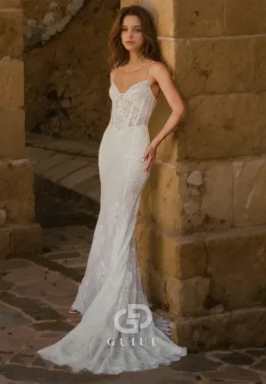 Spaghetti Straps Alover Lace Romantic Wedding Dress Beach Wedding Gown