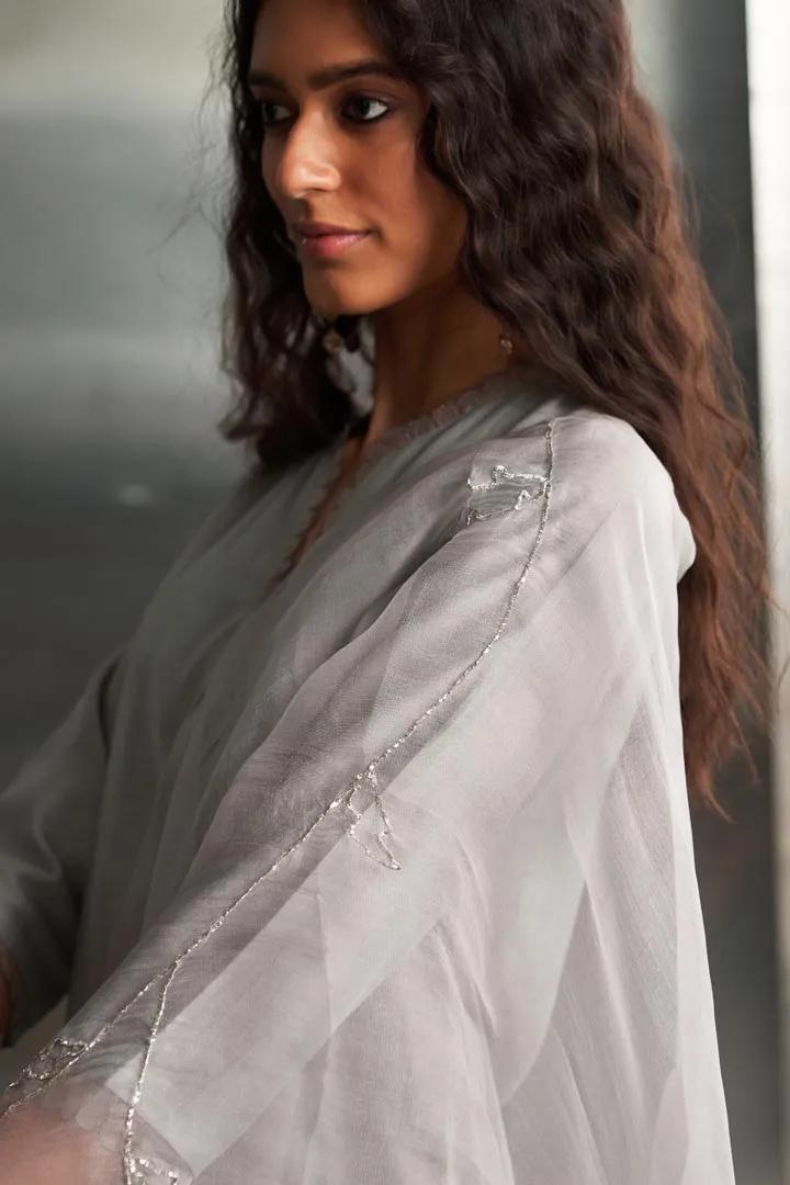 Steel Grey Chanderi Asymmetrical Kurta Set
