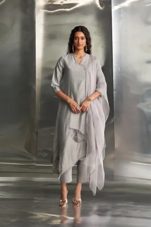 Steel Grey Chanderi Asymmetrical Kurta Set