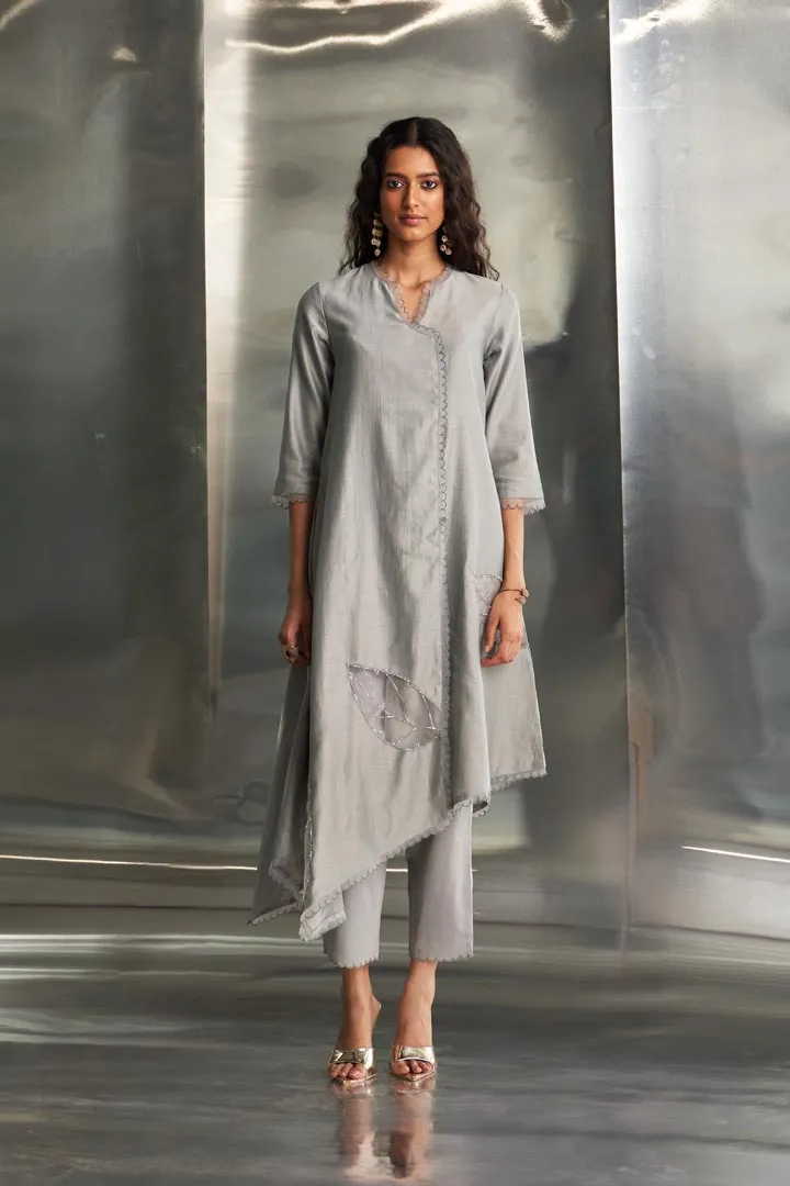 Steel Grey Chanderi Asymmetrical Kurta Set