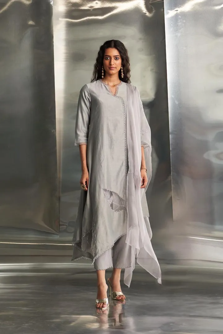 Steel Grey Chanderi Asymmetrical Kurta Set