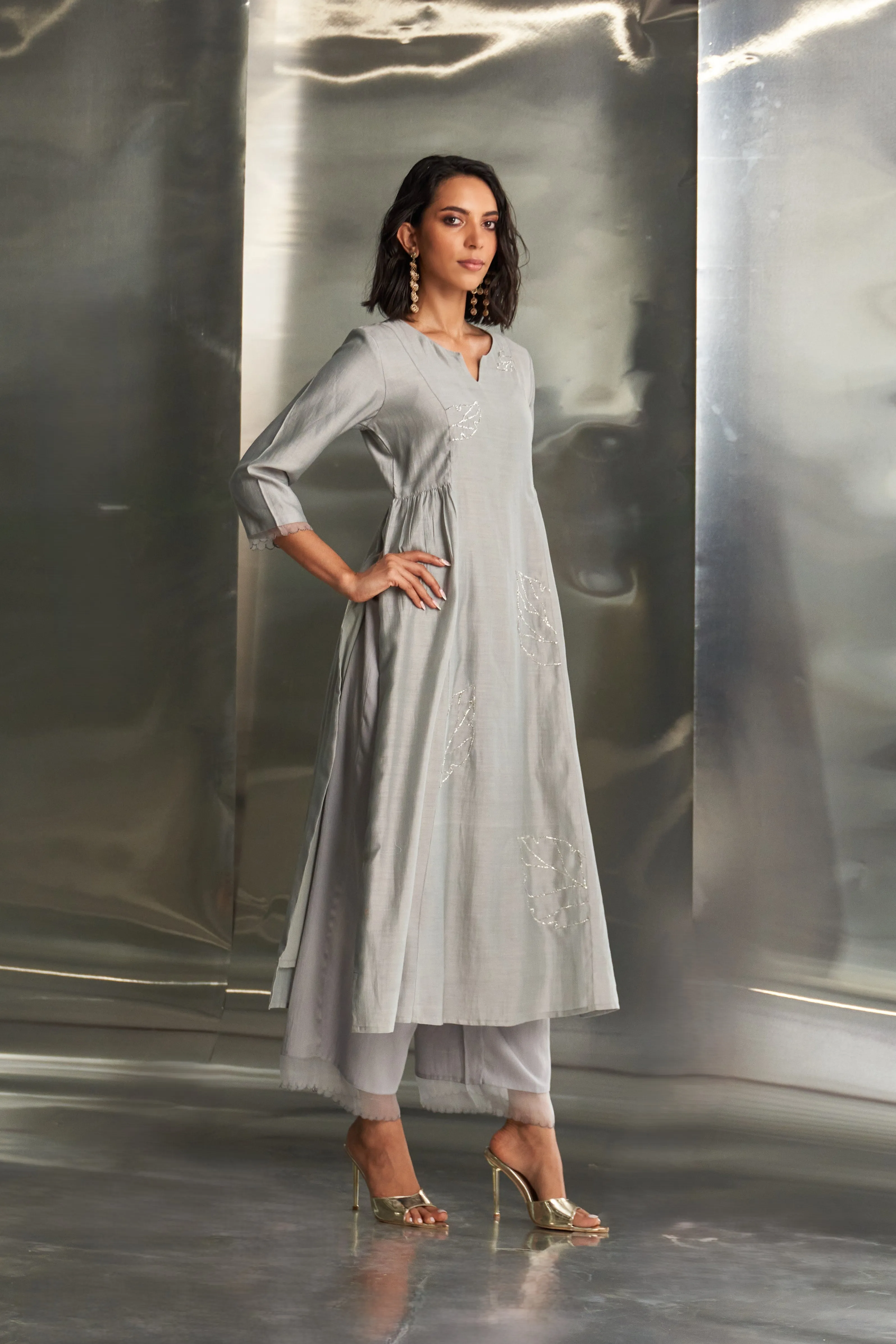 Steel Grey Side Gathered Kurta Set