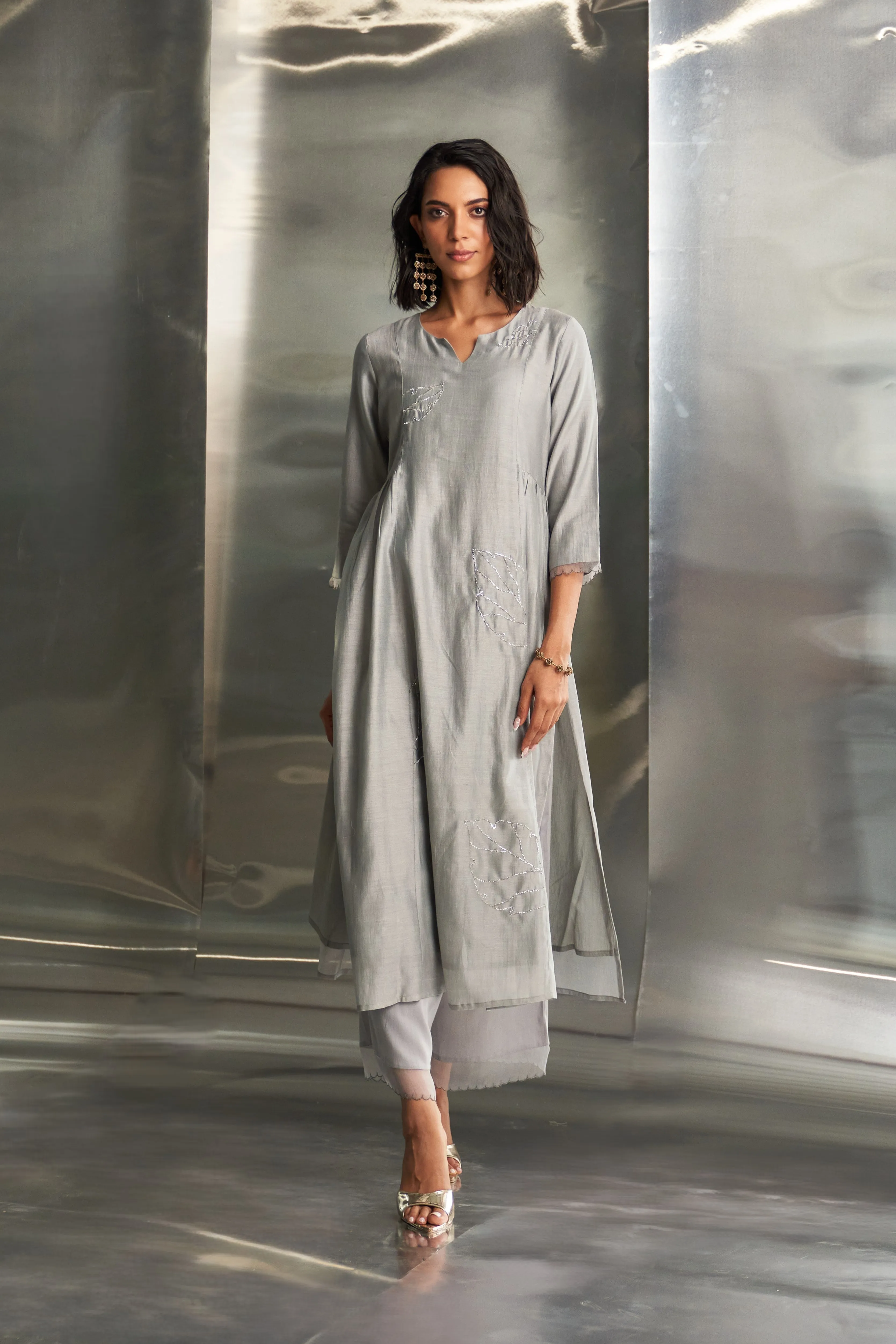 Steel Grey Side Gathered Kurta Set