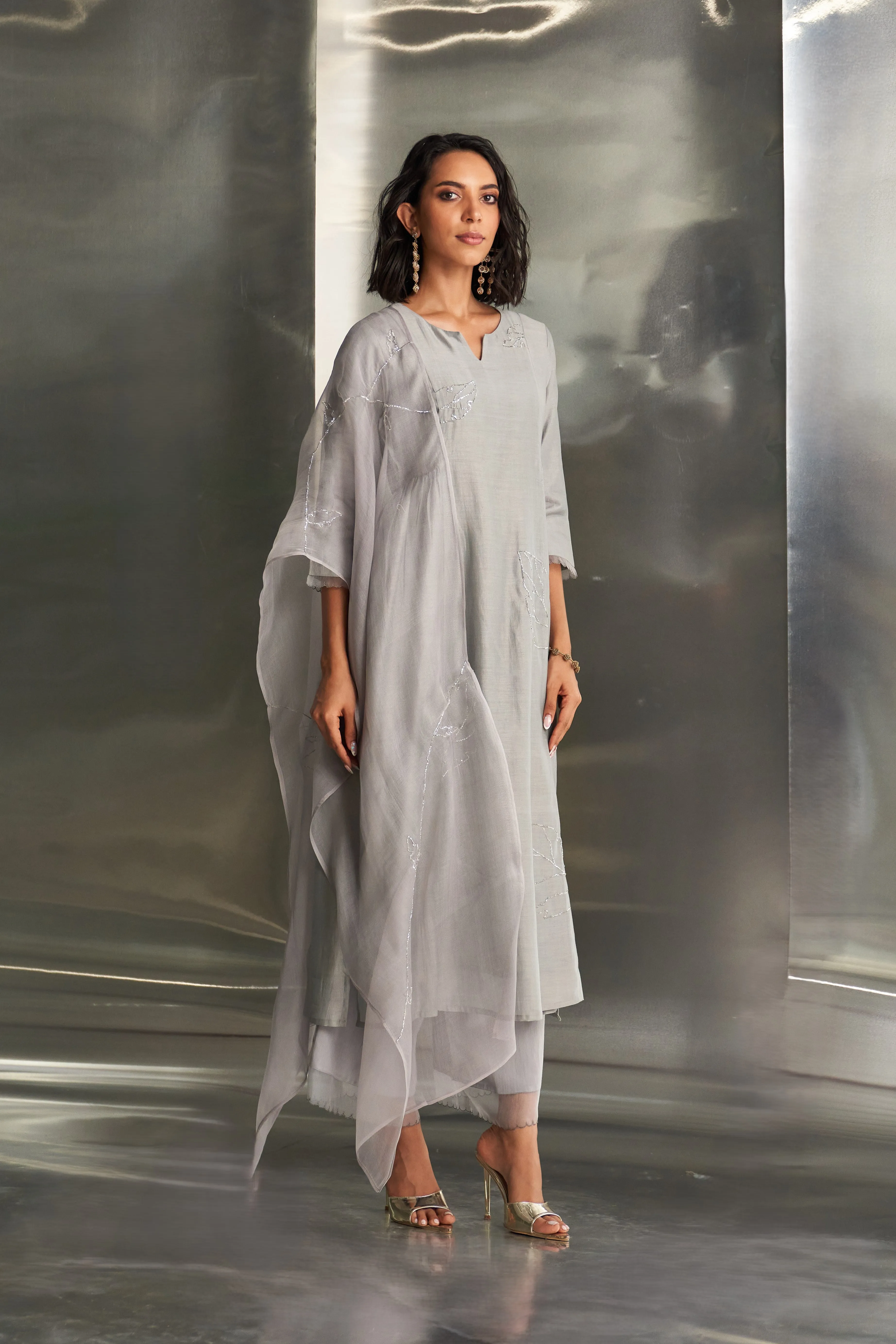 Steel Grey Side Gathered Kurta Set