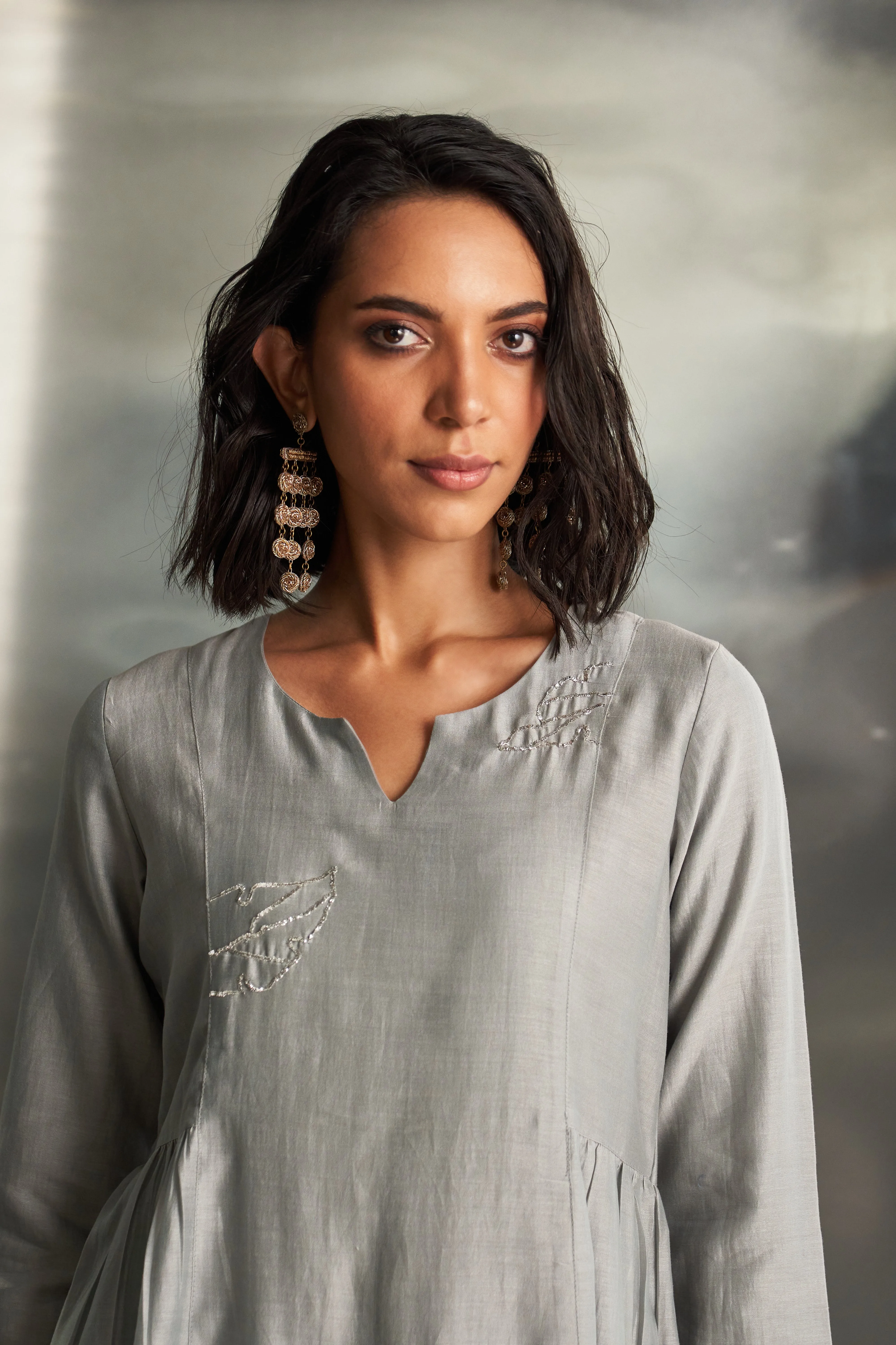 Steel Grey Side Gathered Kurta Set